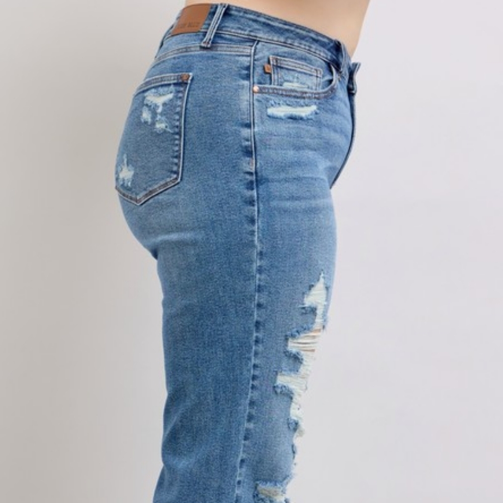 Judy Blue High-Rise Distressed Straight Leg Torn Hole Slim Fit Jeans Denim Pants - Picture 3 of 15